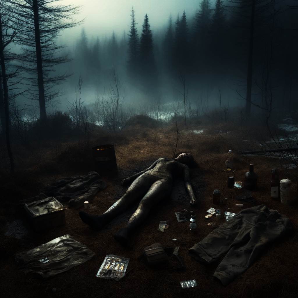 dark eerie image of a dead woman with no id